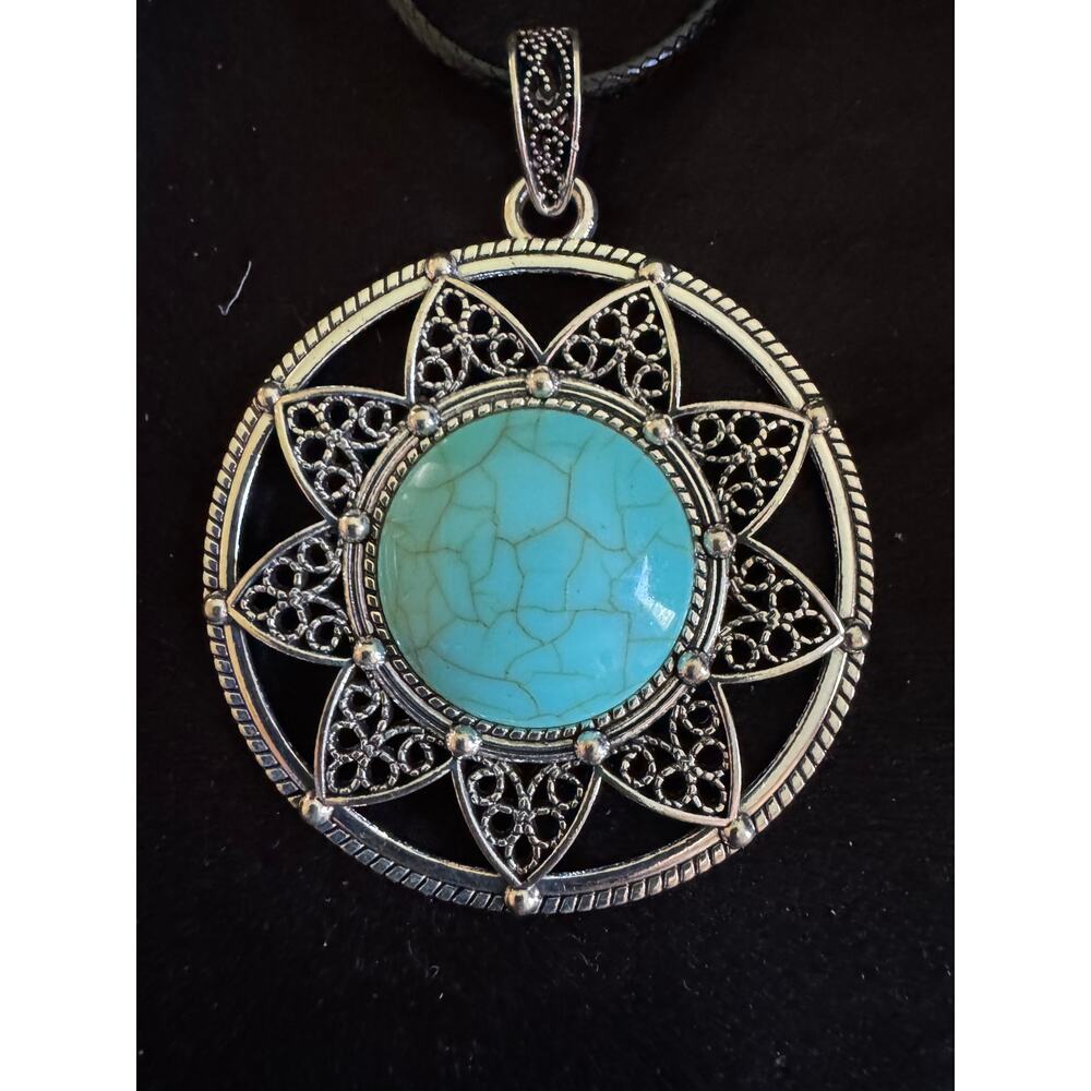 New Turquoise Look Mandala Pendant Necklace Black Cord Boho Jewelry 28” N269 - Picture 2 of 3